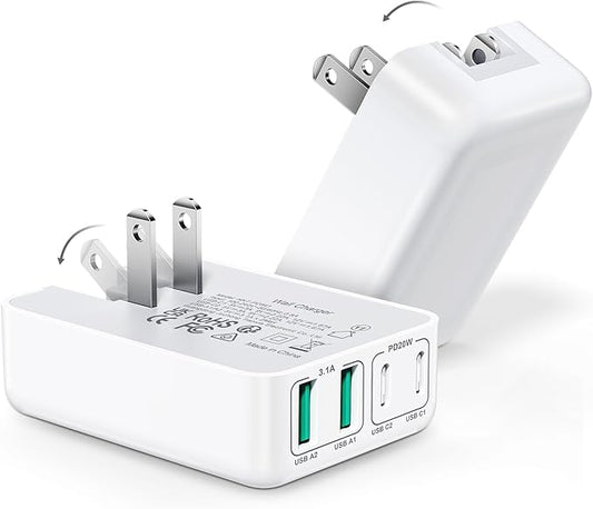 2Pack 40W Flat USB C Wall Charger, 4Ports Foldable & Slim Fast Charging Blocks, Multiport Type C Cube Box Power Adapter Plug, Boxeroo USB C Charger Block Brick for iPhone Samsung Tablet (White White)