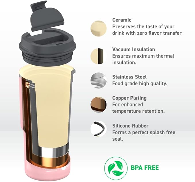 asobu 22oz Extra Large Ceramic-Lined Travel Mug with No Metal Taste-Keeps Flavors True - Double-Wall Vacuum Insulated Coffee Mug with Spill-Proof Pop-Open Lid for Hot Drinks