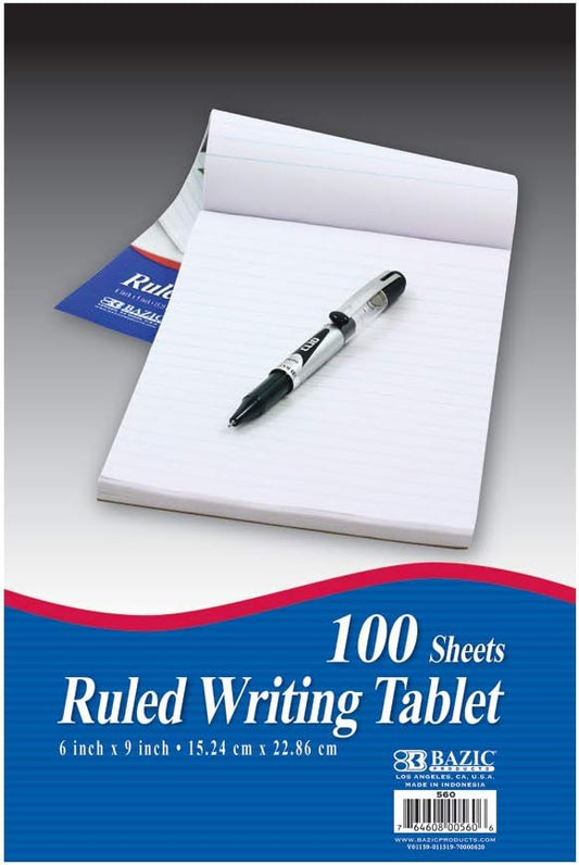 BAZIC Products Writing Pad 100 Sheets 6" x 9" – Writing Pad With Durable Lined Note Pads, Smooth Writing Paper, and Easy-tear Paper Pads; Compact Note Pads and Writing Pads for Office, School, or Home, 48-Pack