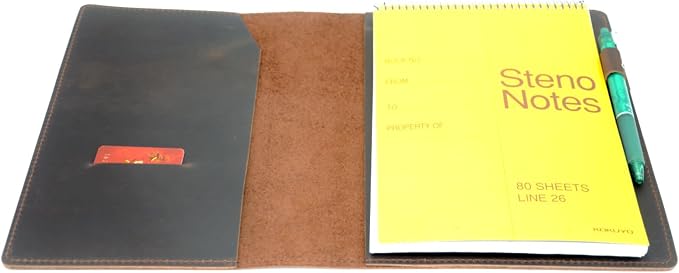 Leather Cover Compatible With 6" x 9" Spiral Steno Pads, Steno Notes 6" x 8.8" Spiral Notebooks Distressed Genuine A5 Leather Cover with Pen Loop DarkBrown