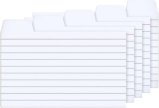100 Pack Tabbed Index Cards 3x5 Lined Index Card Dividers with Tabs 3" x 5", White, 220 GSM Thick Paper