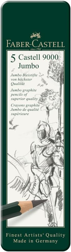 Faber-Castell 5 Piece Quality Castell 9000 Jumbo Graphite Pencils in a Tin, Including HB, 2B, 4B, 6B and 8B,Black