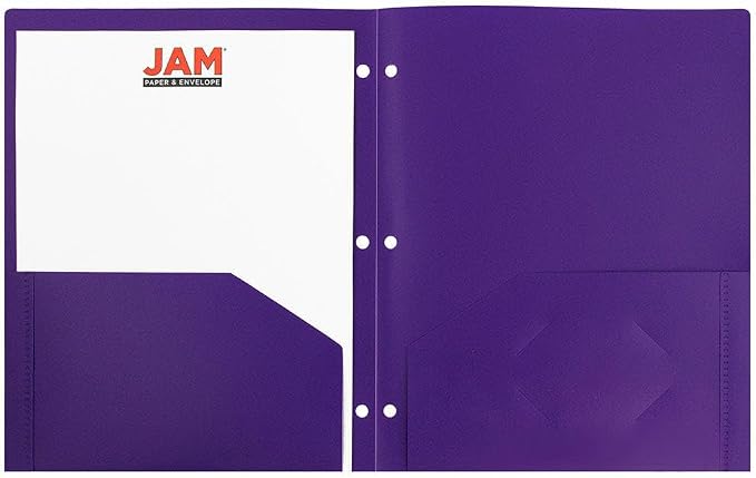 JAM PAPER Heavy Duty Plastic 3 Hole Punch Pocket Folders - Extra Tough School Folders - Purple - 12/Pack