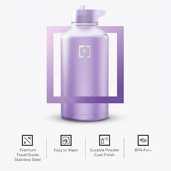 IRON °FLASK 64 oz Wide Mouth Water Bottle with Straw | Insulated Half Gallon Water Bottle with Leakproof Straw Lid - BPA Free, Cold 24 Hrs, Sweat Free (Lavender)