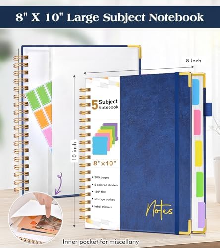 5 Subject Graph Paper Notebook with Removable Dividers Tabs, 300 Pages Hardcover Leather Grid Spiral Journal, 8"x10" B5 Large Graphing Notebooks for Women Men Work School College Engineering, Navy