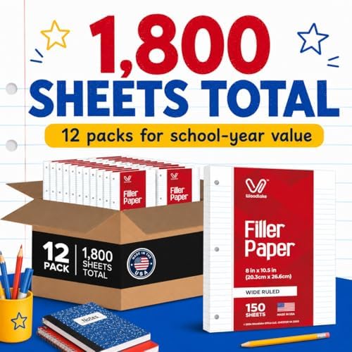 Woodlake Loose Leaf Paper Bulk, Wide Ruled Notebook Paper, 8 x 10.5 Inch Filler Paper, 3-Hole Punched Lined Binder Paper, 60 GSM, 150 Sheets/Pack, 1,800 Sheets Total, Made in USA for School & Office