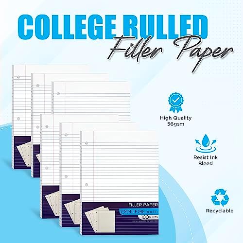 Notebook Paper College Ruled, Loose Leaf Paper College Ruled Notebook Filler Paper, Lined Filler Paper for 3 Ring Binders - 10.5” X 8", for College, School Classroom - 100 Sheets/Pack (6 Pack)