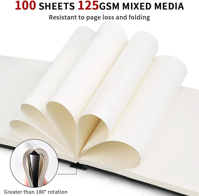 E-WEICHEN Mixed Media Sketch Pad, 8 x 8 inches 125 GSM (100 Sheets/200 Pages) Sketchbook for Drawing, Hardcover Mix Media Art Sketchbook for Wet and Dry Media,Painting,Drawing. 8X8