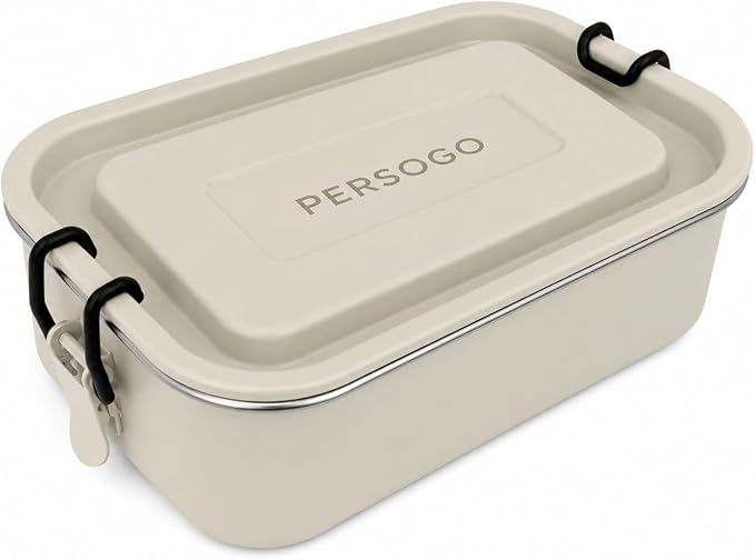 Stainless Steel Lunch Box, Leak-Resistant Bento Food Container with Locking Clips, Powder-Coated Metal Meal Prep Box for Work, Travel & Adults, 30 oz (900 ml) White Sand