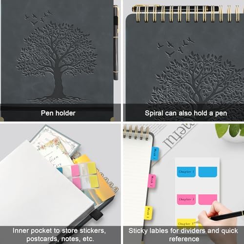 A4 Top Spiral Notebook, Tree Pattern Large Leather Hardcover Left Handed Journal, 240 Pages 100 Gsm Lined Paper Top Bound Steno Pads for Work, School, Travel Writing - Black, 8.5" x 11"