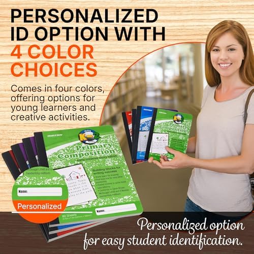Mintra Primary Composition Notebook, 4 Pack, Assorted Colors 80 Sheets, 7.5in x 9.75in, 1/2 Sheet, Ruled with Drawing Area, Flexible Hardcover Journal, Grades K-2, School & Home Use