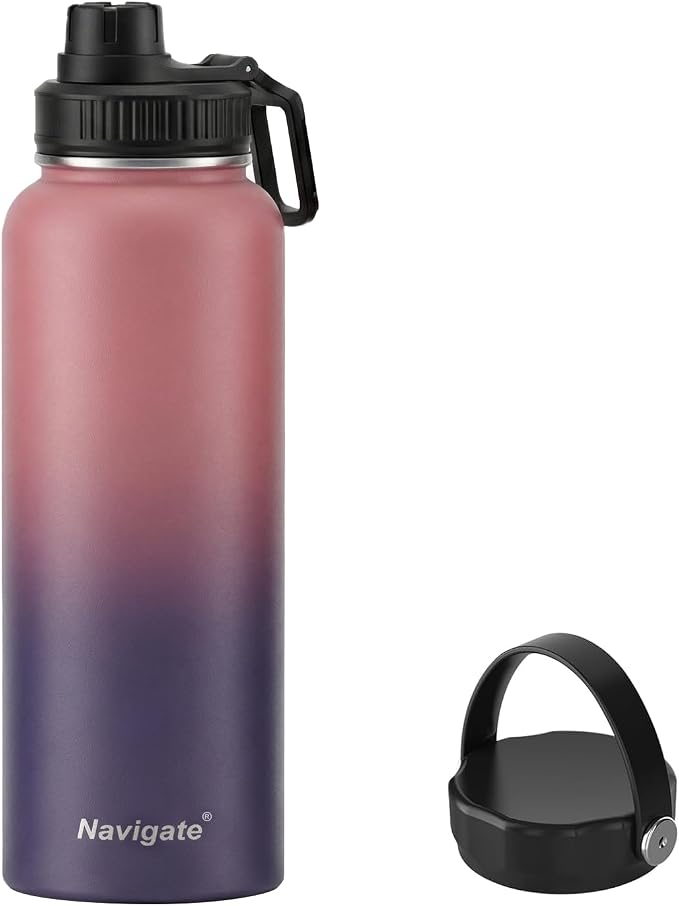 Navigate 40 oz Insulated Stainless Steel Sports Water Bottle with Spout & Handle Lids,Wide Mouth Water Jug with Double Walled Leak Proof Keep Cold for 24 Hrs Hot for 12 Hrs, Red to Black