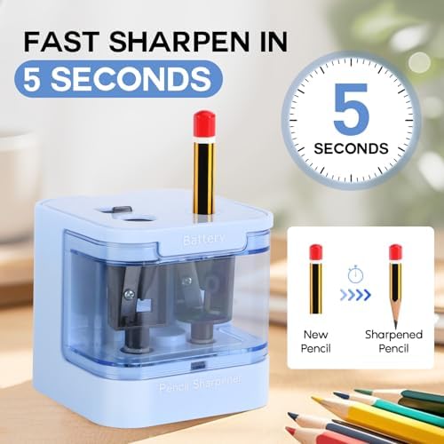 Eagle Electric Pencil Sharpener, Dual Holes, Battery Powered for School/Office/Art, 5s Fast Sharpening, Portable w/Large Shaving Tray & Replaceable Blades, for 6-12 mm Pencils(Blue)