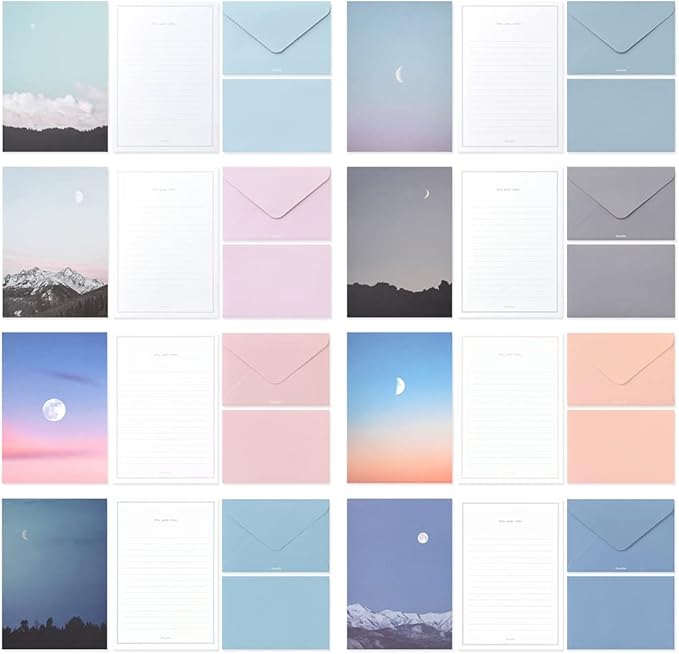 Monolike Photo, Moon Letter Paper and Envelopes Set - 8Type, 32 Letter Paper + 16 Envelopes