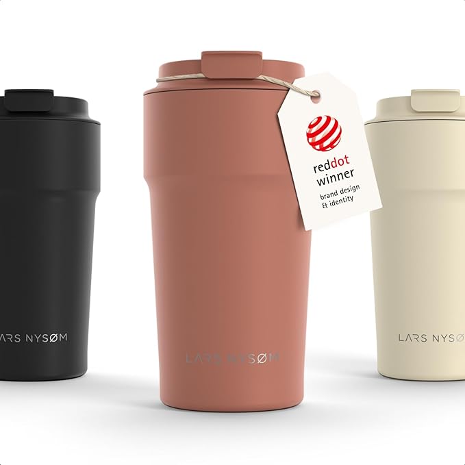 LARS NYSØM Thermo Coffee Mug to go 17oz | Travel Mug 0.5 Liter with Insulation | Silicone grip base | Leak Proof Stainless Steel Tumbler for Coffee and Tea on the Go (Powder Brick Red, 17oz)