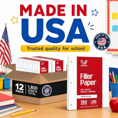 Woodlake Loose Leaf Paper Bulk, Wide Ruled Notebook Paper, 8 x 10.5 Inch Filler Paper, 3-Hole Punched Lined Binder Paper, 60 GSM, 150 Sheets/Pack, 1,800 Sheets Total, Made in USA for School & Office