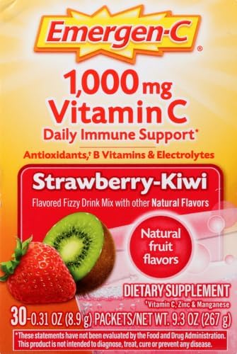 Emergen-C 1000mg Vitamin C Immune Support Powder Strawberry Kiwi 30CT Includes Zinc, Manganese, 7 B Vitamins and Electrolytes for Back to School Essentials (Pack of 12)