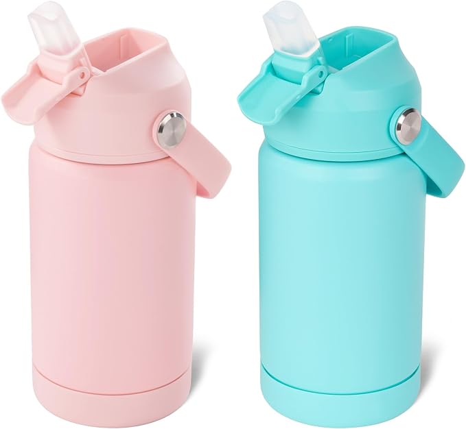 Kerilyn 12oz Kids Water Bottle 2 Pack, Stainless Steel Insulated Water Bottle Bulk, Toddler Cups with Straws Leak-Proof, Kids Water Bottles for School Boys Girls, BPA Free, Pink+Green 2 Piece Set
