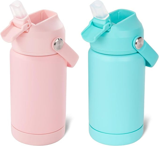 Kerilyn 12oz Kids Water Bottle 2 Pack, Stainless Steel Insulated Water Bottle Bulk, Toddler Cups with Straws Leak-Proof, Kids Water Bottles for School Boys Girls, BPA Free, Pink+Green 2 Piece Set