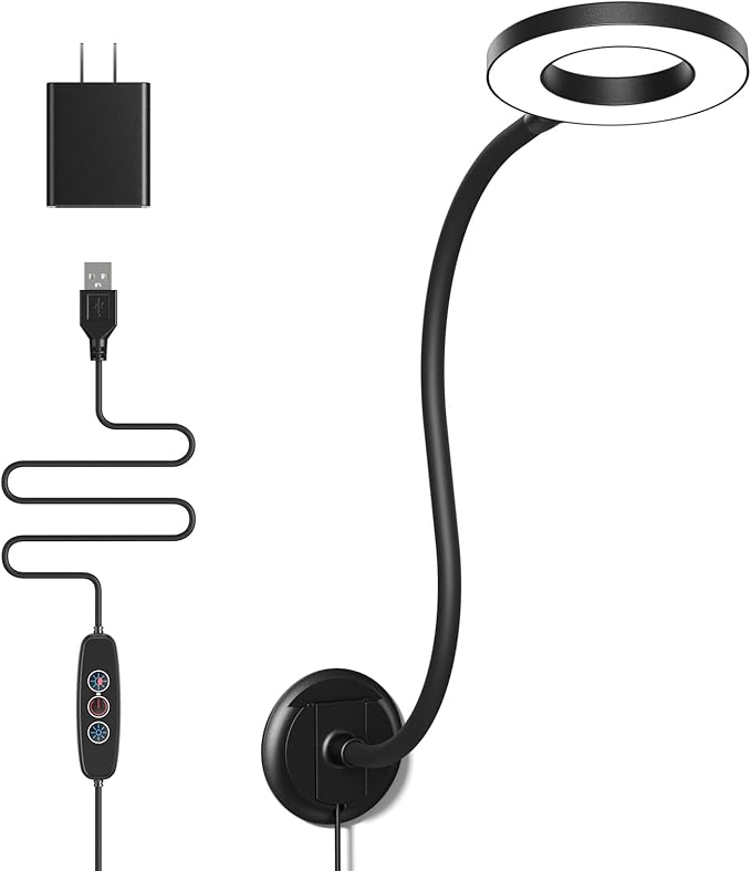 Wall Mounted Lamp, Reading Light for Book in Bed at Night, Shadowless LED Lamp for Workbench Bedroom Bedside Headboard, Eye Care 5 Color & Brightness Adjustable, 360 Flexible Gooseneck, Black