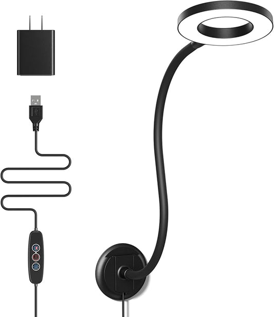 Wall Mounted Lamp, Reading Light for Book in Bed at Night, Shadowless LED Lamp for Workbench Bedroom Bedside Headboard, Eye Care 5 Color & Brightness Adjustable, 360 Flexible Gooseneck, Black