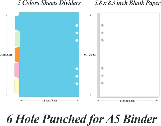 A5 Blank Paper Refill - 6 Hole Planner Inserts for A5 Binder, 200 Pages 6 Ring Loose Leaf Blank Paper with 5 Colorful Binder Dividers, 5.8" x 8.5"