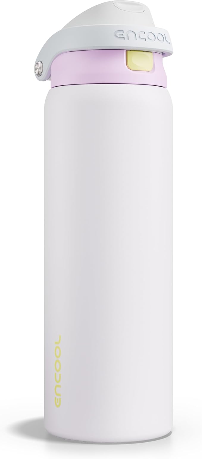 ENCOOL Leakproof Insulated Water Bottle with Straw Dual-Sip Water Bottle Bag-Safe Design for Work, Commute & Gym – Keeps Drinks Cold All Day, 32 oz, Lemonade Pink