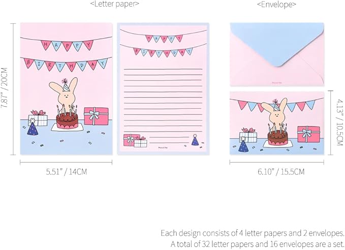 Monolike Happy and Lucky Letter Paper and Envelopes Set - 8Type, 32 Letter Paper + 16 Envelopes