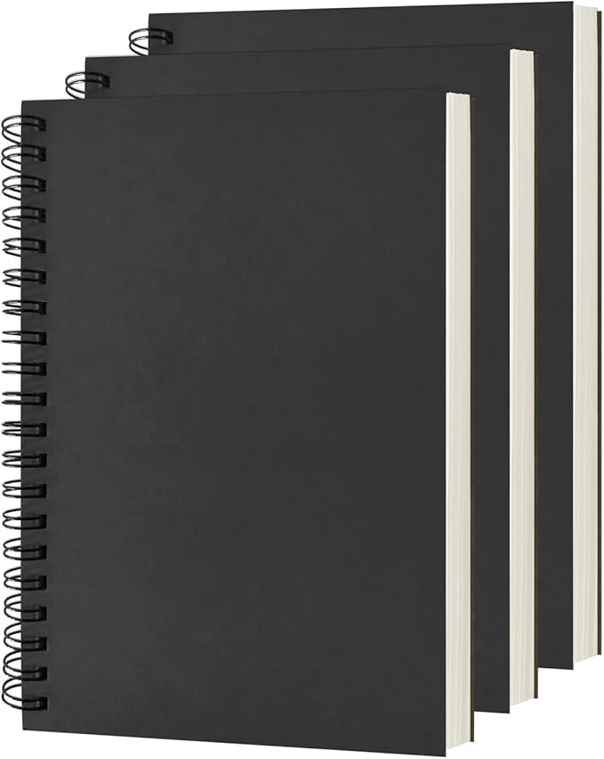 DSTELIN Blank Spiral Notebook, 3-Pack, Soft Cover, Sketch book, 100 Pages / 50 Sheets, 7.5 inch x 5.1 inch, 100GSM, (Black)