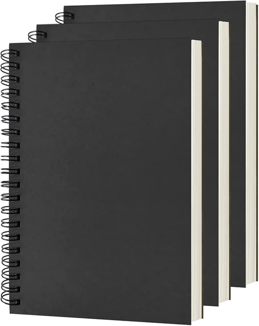 DSTELIN Blank Spiral Notebook, 3-Pack, Soft Cover, Sketch book, 100 Pages / 50 Sheets, 7.5 inch x 5.1 inch, 100GSM, (Black)