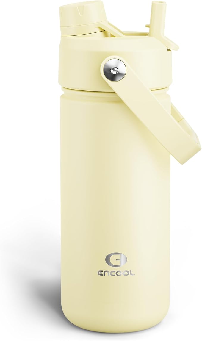 ENCOOL Insulated Water Bottle with Straw Stainless Steel Water Bottle, Leak-Proof, BPA-Free, Double Wall Vacuum Keeps Cold for 24 Hours for Sports, Travel, School (18 oz, Light Vanilla)