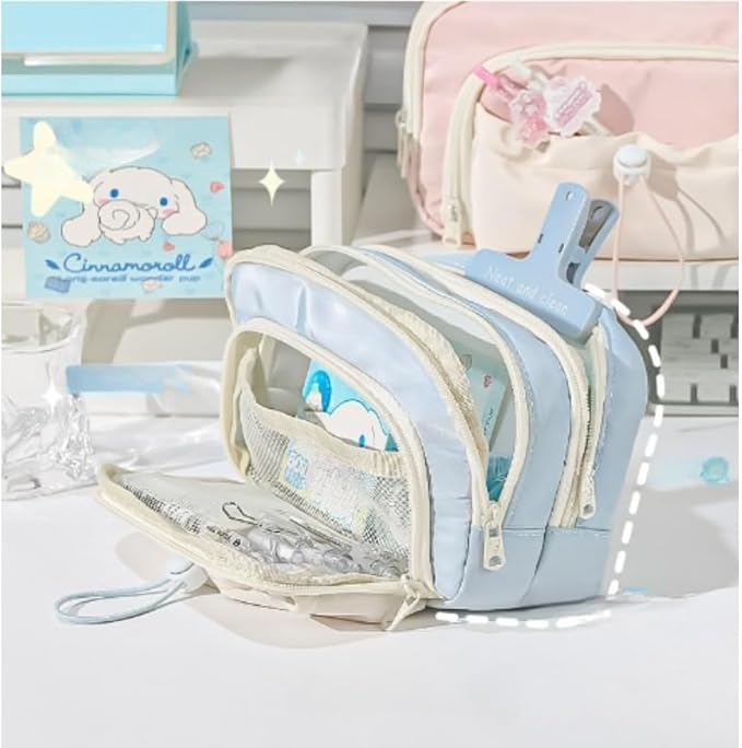 Cute Aesthetic Pencil Case Kawaii Pencil Case with Kawaii Pins Large Pencil Pouch Holder Preppy Supplies (blue)