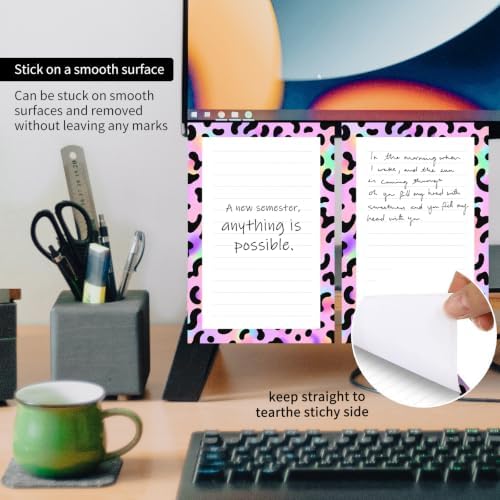 2 Pack Lined Sticky Notes 4x6 in, Cute Self-Stick Notepads with Lines, Large Memo Pads Strong Adhesive for Office, Home Colorful Funny Leopard