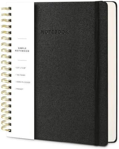 Spiral Notebook - 8.5 x 10.98 Inch Large Hard Cover Notebook with Elastic Band & Pocket, 180 Pages, Lay Flat Wirebound Journal for Work, School, Planning & Note Taking Black