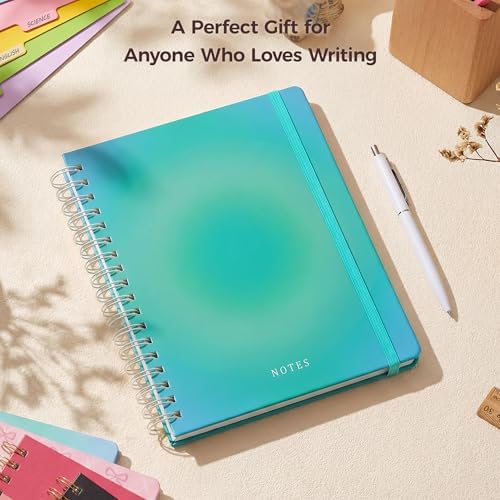 Hardcover Spiral Notebook Journal for Women & Men, Cute 5 Subject Notebook College Ruled for School & Work, Journaling Notebooks with Removable Dividers Tabs, 8" x 10", 300 Pages, Teal Gradient