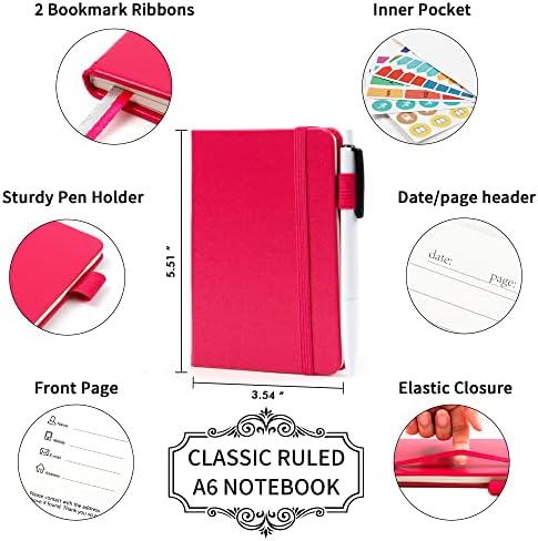 feela 3 Pack Pocket Small Notebook Journals, Mini Cute Memo Notepad Hardcover College Ruled Lined Journals with Pen Holder for Women Girls Office School, with 3 Black Pens, 3.5”x 5.5”, A6, Berry