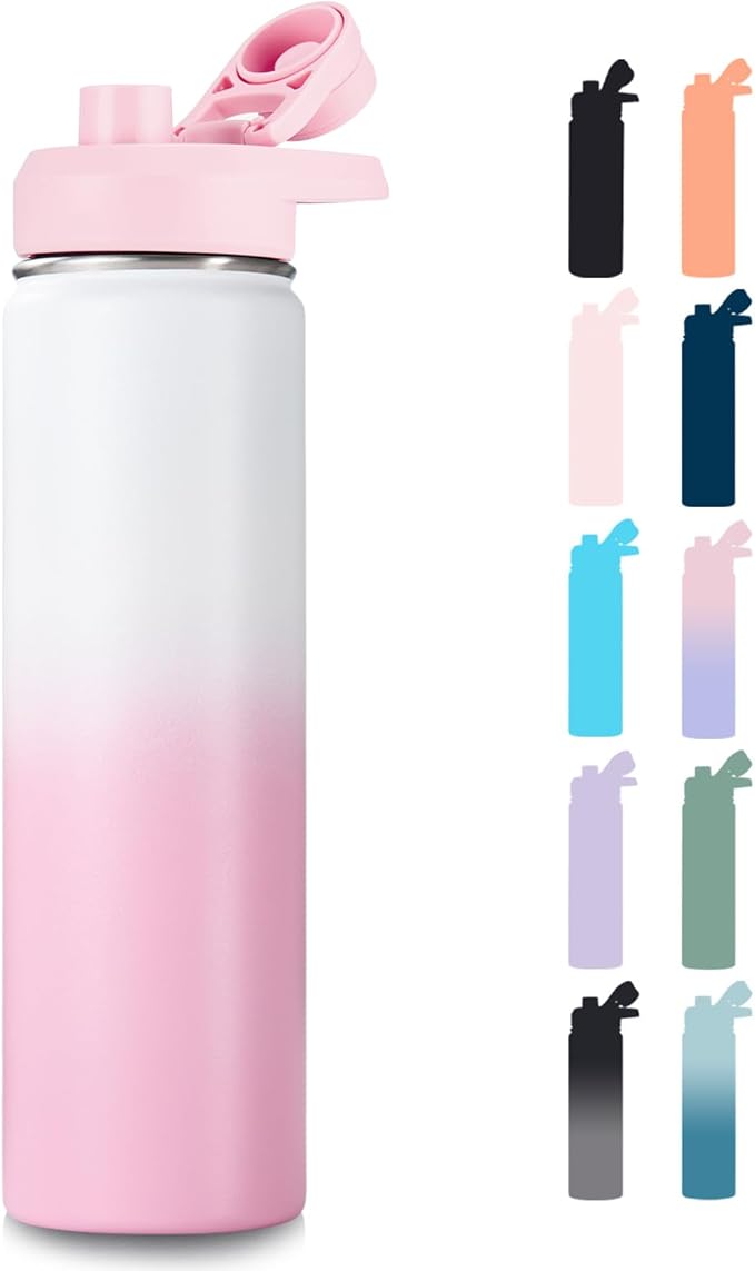 Fijinhom 24 oz Insulated Water Bottle with Handle, 304 Stainless Steel Water Bottles with Wide Mouth, Double Wall Vacuum Sports Water Bottle, BPA Free, Keep Cold and Hot, Strawberry Milk