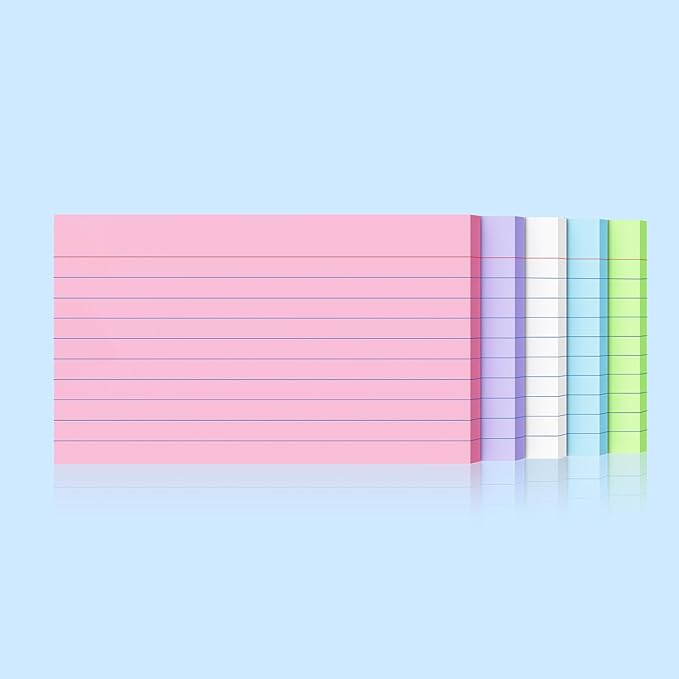 250 Count Colored Index Cards 3x5 Inch 180gsm Heavy Weight Flash Card (50 Sheets Each), Note Taking for Students, Teachers, Professionals, Study Note Cards for Office Home School