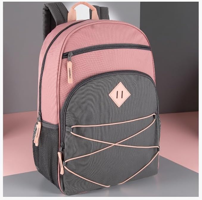 Summit Ridge Boys and Girls School Backpacks with Bungee Cord Front | 17” Multi Pocket Backpack for Kids, Teens, Adults, Travel (Pink/Grey)