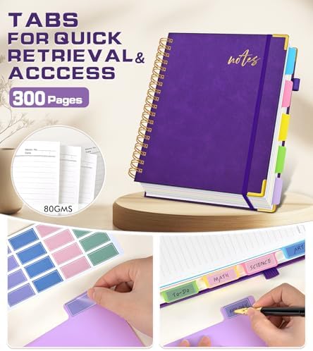 PAPEJOON Hardcover Spiral Notebook Journal with Removable Dividers Tabs, 300 Pages Organizer Notebooks for Work School, Leather 5 Subject Notebook College Ruled, Small Lined Journal for Women，Purple