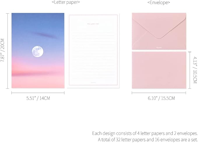 Monolike Photo, Moon Letter Paper and Envelopes Set - 8Type, 32 Letter Paper + 16 Envelopes