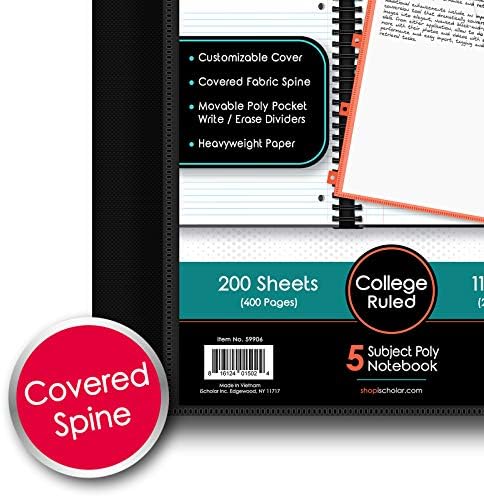 iScholar iQ+ 5-Subject Poly Cover Wirebound Notebook, College Ruled, 11 x 8.5 Inch Sheet Size, 200 Sheets, White (59906-WH)
