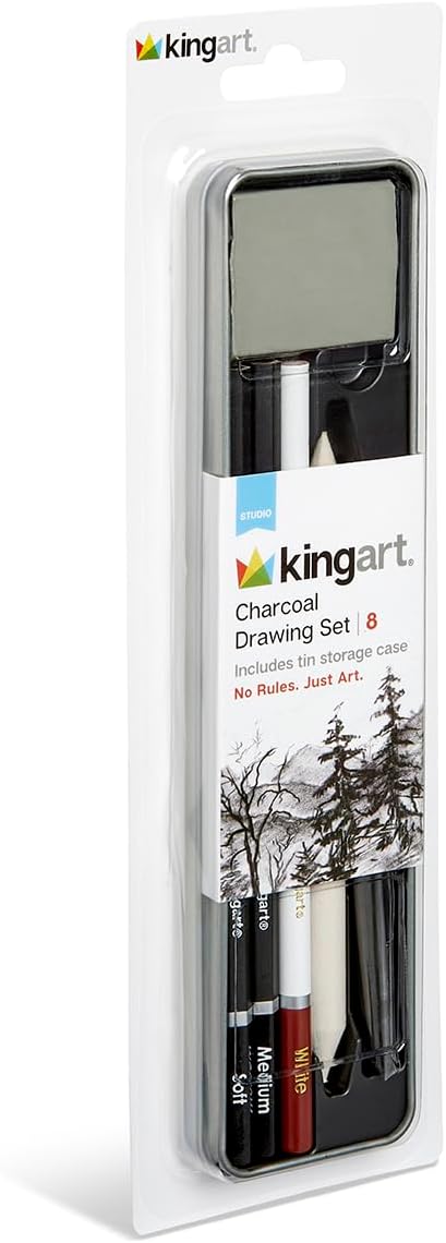 KINGART 8-Piece Charcoal Drawing and Sketching Set with Metal Tin – Includes Soft & Medium Charcoal Pencils, White Pastel Pencil, Blending Stump & Kneaded Eraser