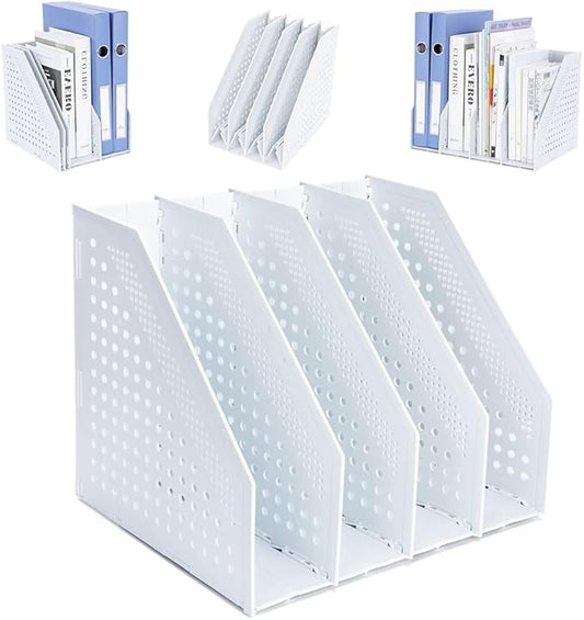 FRETONBA Collapsible Magazine File Holder with 4 Vertical Compartments Foldable Binder Holder for Desk Binder Storage Organizer Plastic Magazine Holders for Shelf, Light Gray