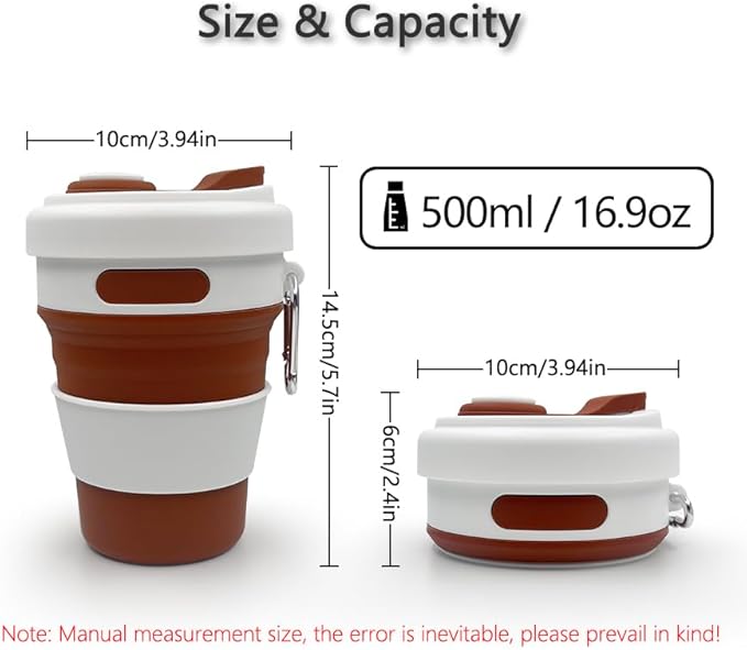 17oz Collapsible Travel Cup With Lid & Metal Hook Reusable Silicone Coffee Folding Mug for Hot/Cold Drink Portable Outdoor Camping Hiking Microwave & Dishwasher Safe (Yellow)