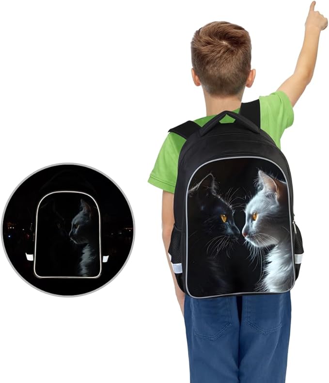 Kids Backpack Lightweight Durable Medium Teens Kids Backpack for School Boys and Girls Bookbag with Adjustable Shoulder Straps & Padded Back 17 Inch School bags with 3D Reflective Cat Cartoon