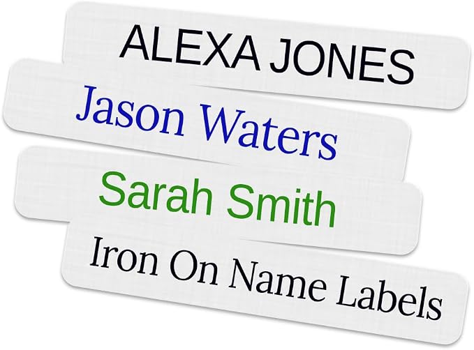 150 pc Iron On Name Tags for Clothing, 2" x 3/8", Washable, PreCut | Available in Black, Red, Green and Blue Ink