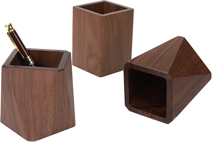 Black Walnut Wooden Pencil Box, Multiple-Use Desk Writing Stationary Organizer Wood Pen Holder Cups Office School Supplies Storage (Prismatic Shape)