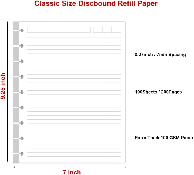 9 Disc Lined Refills for Happy Planner, Classic Size Discbound Lined Refill Paper, Loose-leaf Discbound Inserts, 100Sheets / 200Pages, 100gsm Paper, 7x9.25 Inch