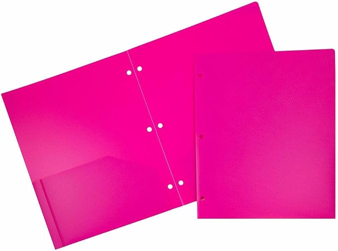 JAM PAPER Heavy Duty Plastic 3 Hole Punch Pocket Folders - Extra Tough School Folders - Fuchsia Hot Pink - 24/Pack